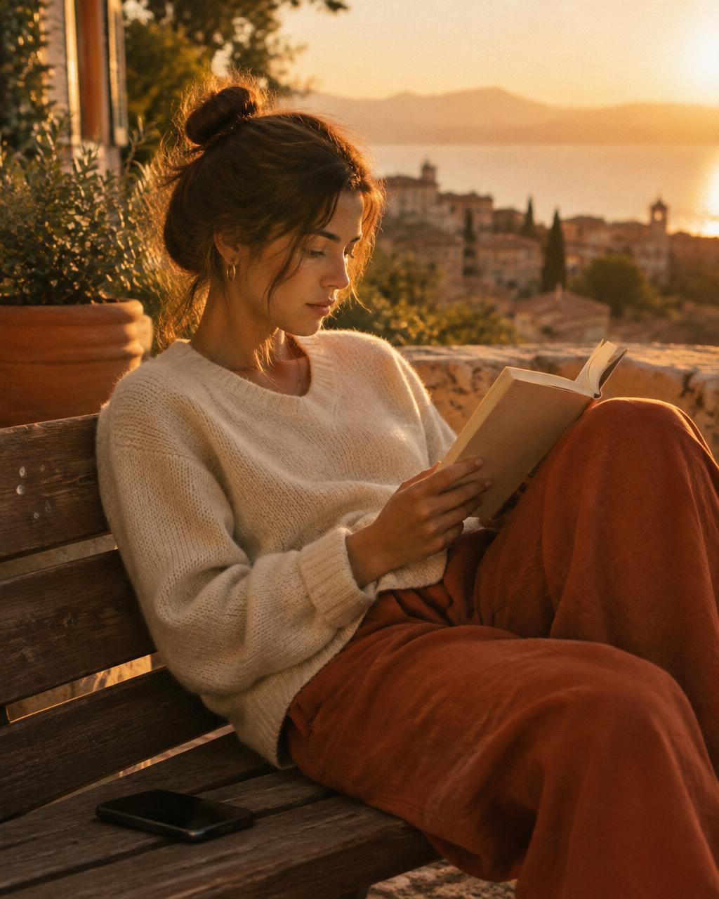 Person reading outside with their phone put away